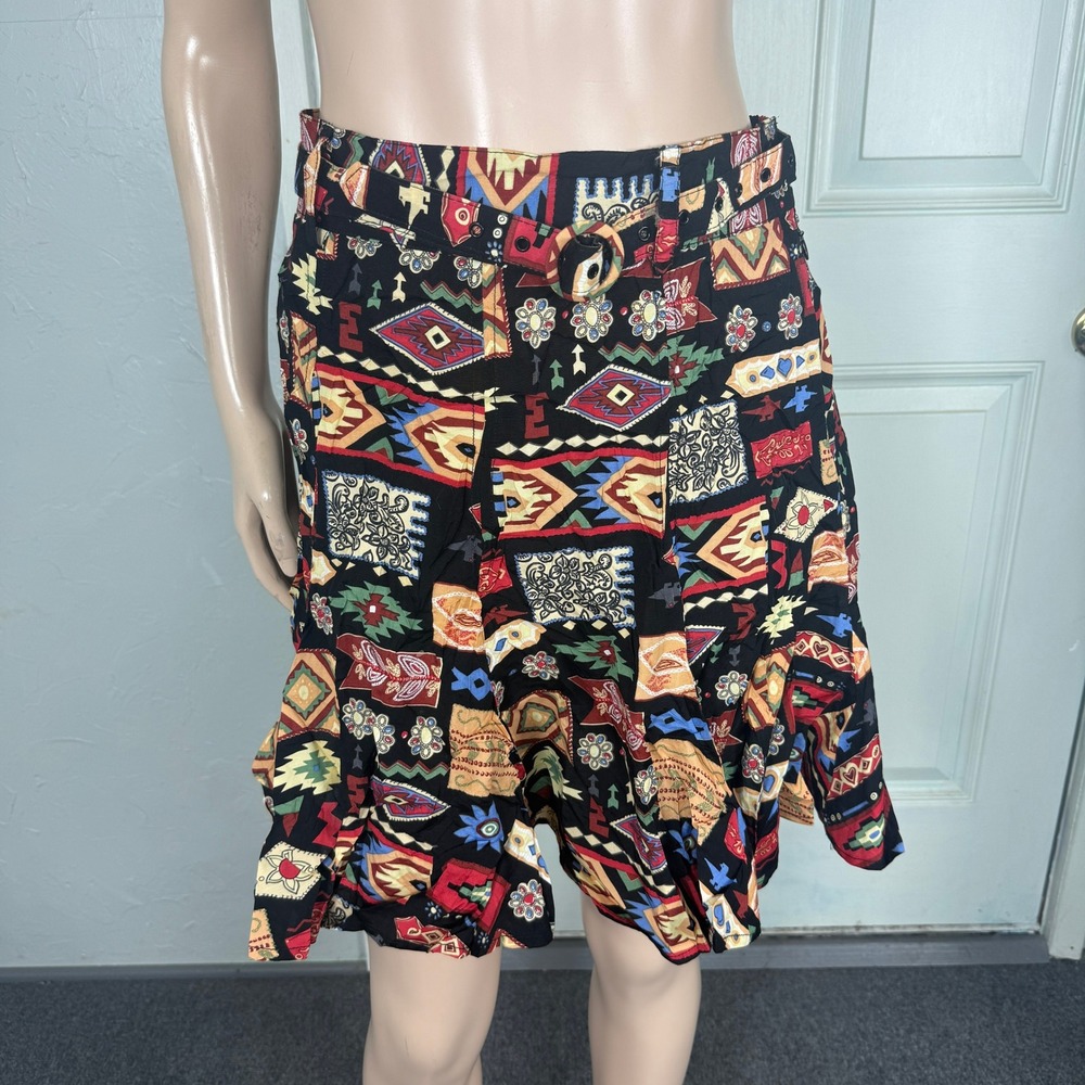Vintage 90s Desert West Sherry Holt Women's Skirt L Western Belt Rayon A-line U2